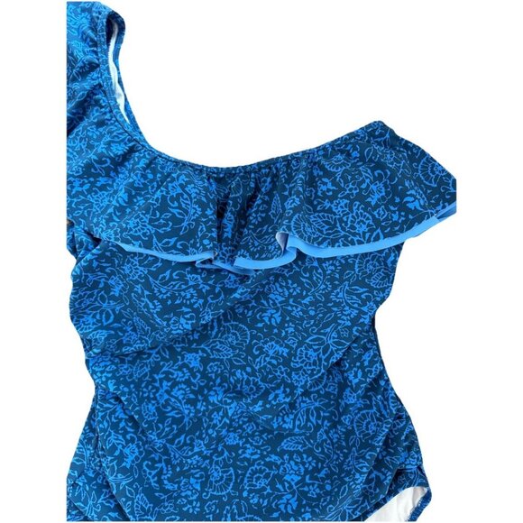 Profile By Gottex Petrol Blue Mehndi One Shoulder Ruffle Swimsuit Womens Size 14 - Picture 8 of 16